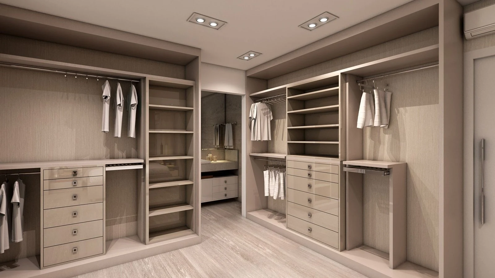 Walk-in wardrobe with open shelving, drawers, and hanging rails