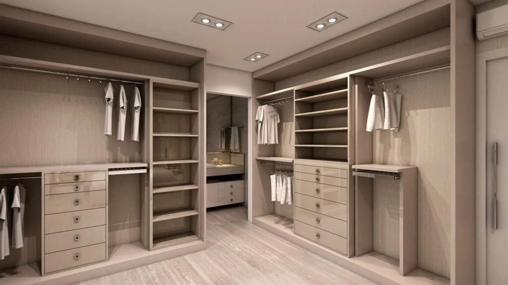 Walk-in closet with drawers and open hanging storage