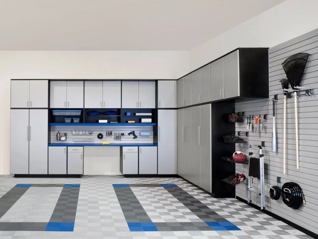 Garage organization systems with cabinets