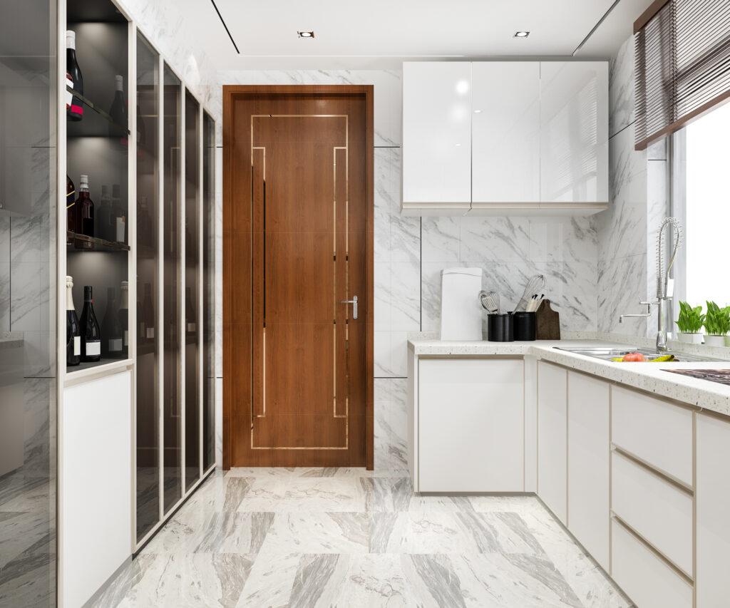 Kitchen Cabinets vs Bathroom Vanities- How to Choose the Right Cabinet Design for Every Space- 3d rendering white minimal kitchen with wood decoration
