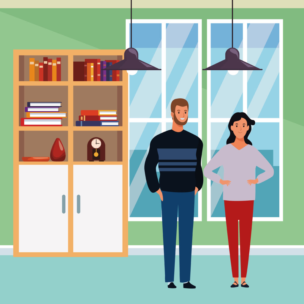 Cabinet Design Guide for Dallas- couple avatar cartoon character bearded man and dark-haired girl indoor in house background vector illustration graphic design