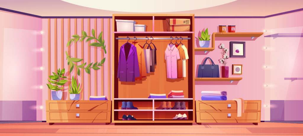 Walk-In Closet Design Ideas for Maximum Storage and Luxury Feel-Closet room interior with organized male clothes hanging in cabinet, shoes and bag on shelf and racks, decorative elements and large mirror with light bulbs. Cartoon vector home or store wardrobe.