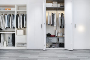 3d rendering minimals candinavian wood walk closet with wardrobe