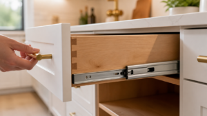 Close-up of dovetail drawer and soft close hardware in custom kitchen cabinets Dallas TX homeowners trust KP- kitchen cabinets cost in Dallas TX