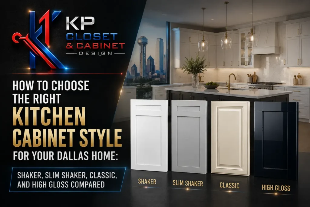 Modern kitchen cabinet styles comparison in Dallas home featuring shaker, slim shaker, classic, and high gloss cabinets by KP Closet and Cabinet Design