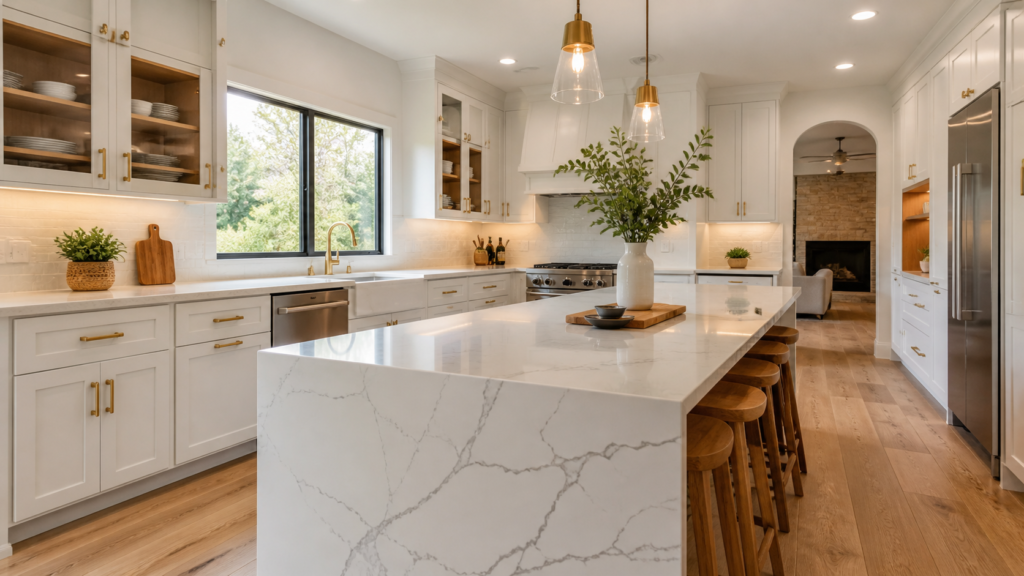 Modern kitchen with white and navy shaker cabinets and quartz island, showcasing kitchen cabinets Dallas TX homeowners really want-Kitchen Cabinets Dallas TX Homeowners Really Want: A Comprehensive Guide to Styles, Costs, and Showrooms