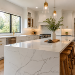 Modern kitchen with white and navy shaker cabinets and quartz island, showcasing kitchen cabinets Dallas TX homeowners really want