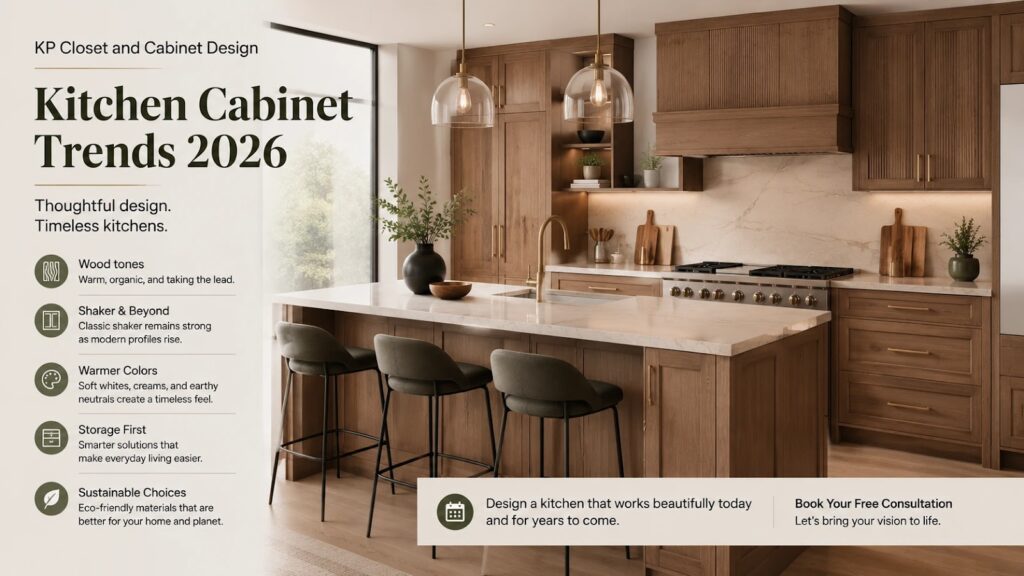Dallas kitchen cabinet trends 2026 - shaker style and wood tone cabinets by KP Closet and Cabinet Design- Shaker-style and wood-tone kitchen cabinets trending in Dallas for 2026 — KP Closet & Cabinet Design