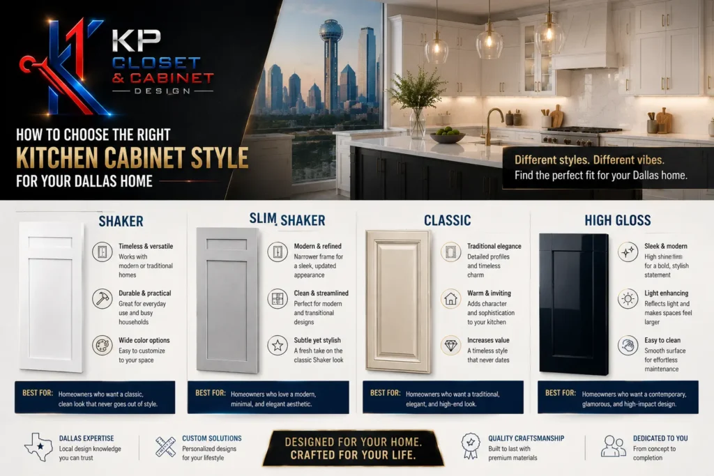Kitchen cabinet style comparison for Dallas homes by KP Closet and Cabinet Design featuring shaker and high gloss cabinets