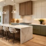 Modern kitchen cabinet trends 2026 in Dallas featuring white oak cabinets, sage green finishes, and luxury quartz island