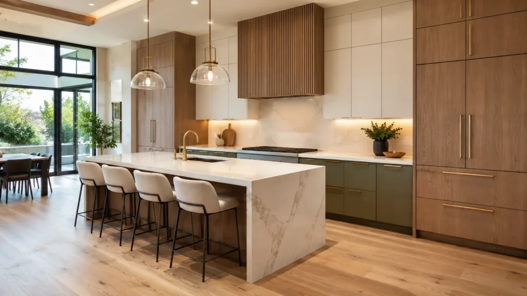 Modern kitchen cabinet trends 2026 in Dallas featuring white oak cabinets, sage green finishes, and luxury quartz island.webp