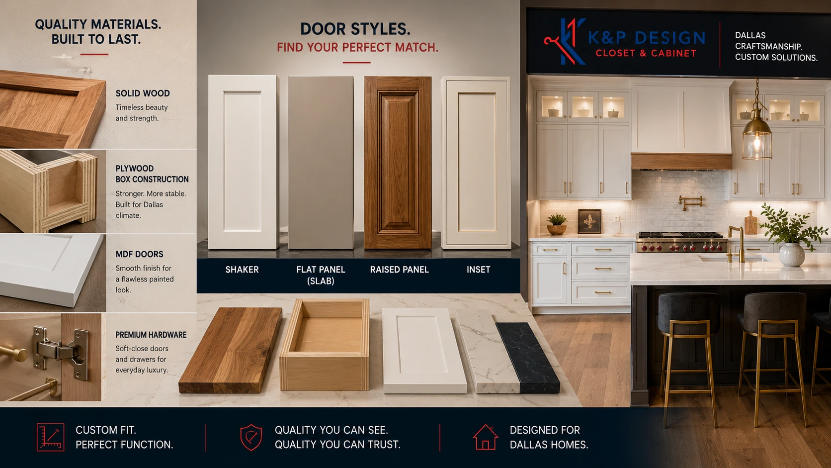 Dallas custom kitchen cabinet installation process showing KP Closet and Cabinet Design semi-custom and full custom cabinet options for homeowners.