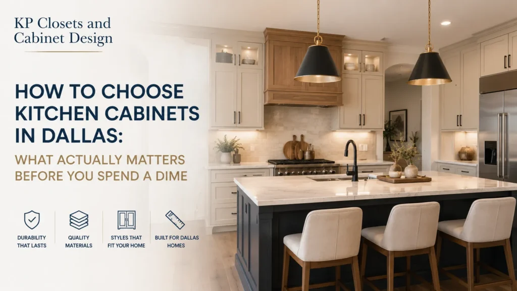 KP Closets and Cabinet Design modern kitchen cabinets in Dallas featuring custom cabinetry, shaker-style cabinets, premium materials, and luxury kitchen design inspiration.