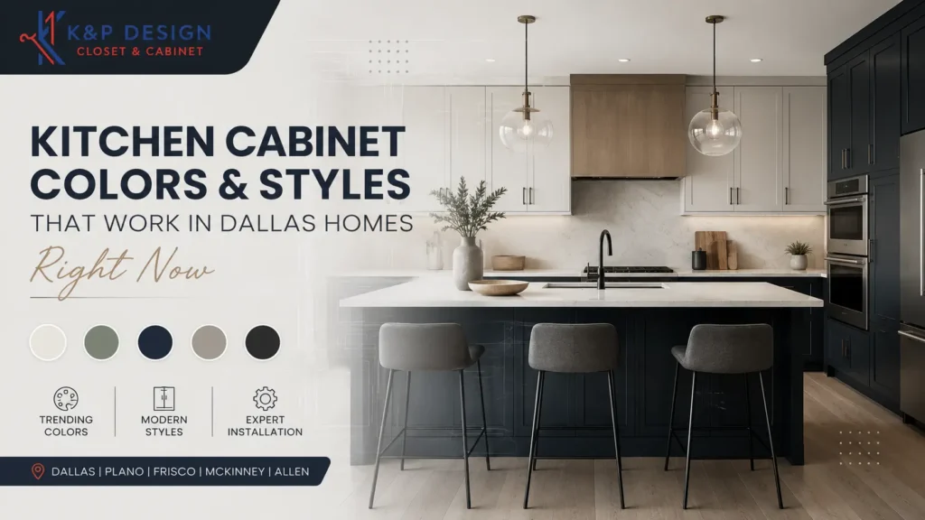 Kitchen Cabinets in Dallas featuring white and navy shaker cabinets with modern island design by KP Closet & Cabinet Design