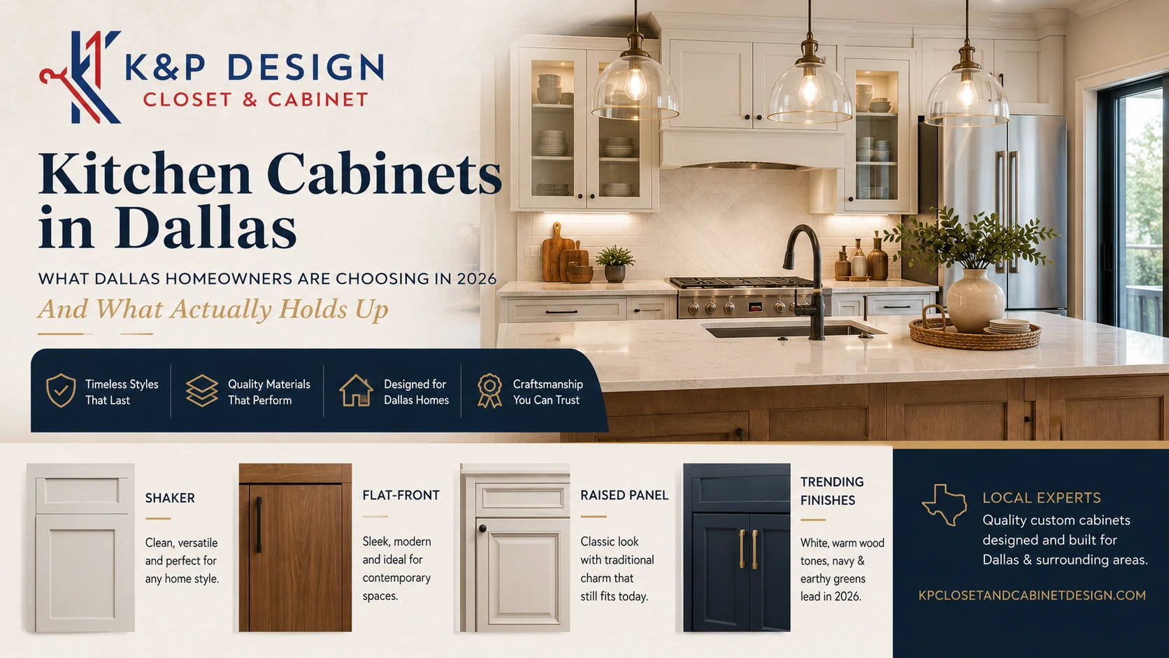 Comparison of shaker, flat-front, and raised panel kitchen cabinet styles for Dallas homes in 2026 by K&P Design Closet & Cabinet