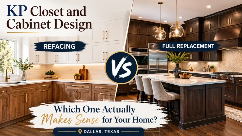 Kitchen Cabinet Refacing vs Full Replacement in Dallas TX comparison featuring modern kitchen remodeling designs by KP Closet and Cabinet Design