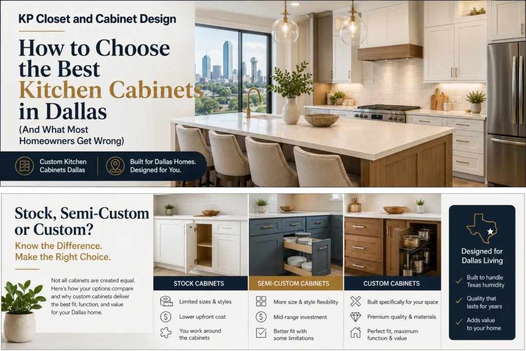 Kitchen cabinet refacing vs full replacement comparison in Dallas TX showing remodeling costs, timelines, storage options, and custom kitchen cabinet installation solutions by KP Closet and Cabinet Design