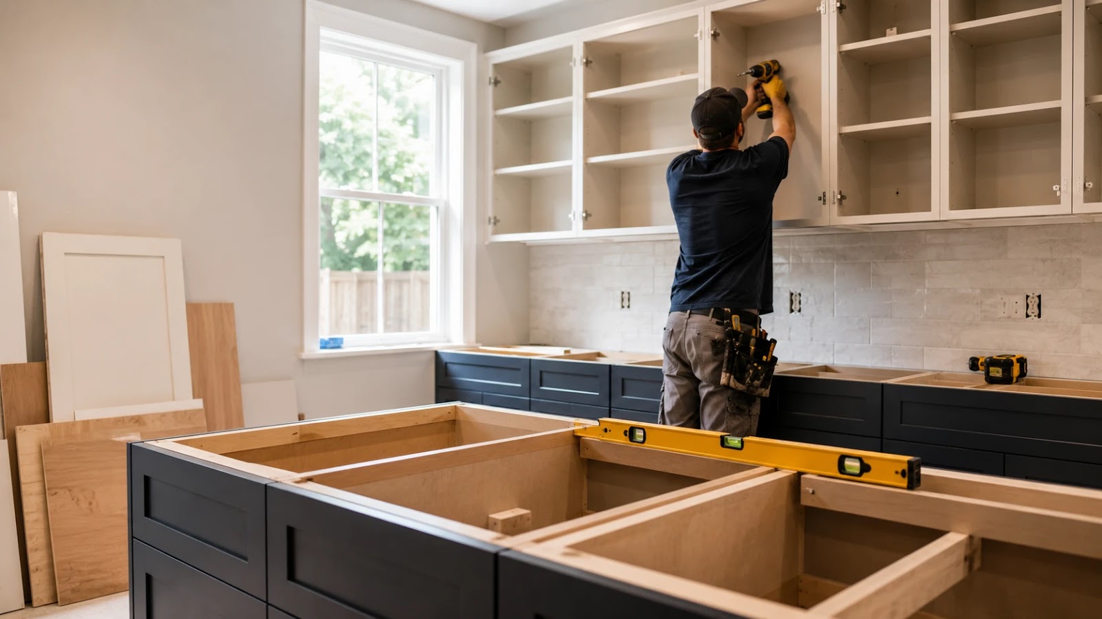 Kitchen cabinet refacing vs full replacement comparison in Dallas TX showing remodeling costs, timelines, storage options, and custom kitchen cabinet installation solutions by KP Closet and Cabinet Design.