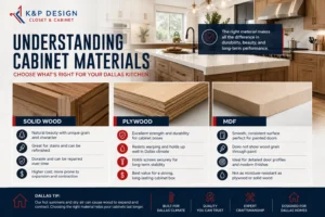 Understanding cabinet materials comparison showing solid wood, plywood, and MDF kitchen cabinets for Dallas homeowners by K&P Design Closet & Cabinet