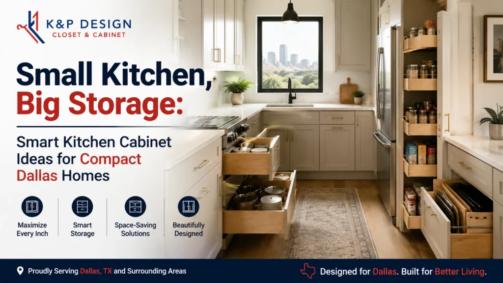 Smart kitchen cabinets in Dallas with space-saving storage solutions for small kitchens by KP Closet and Cabinet Design