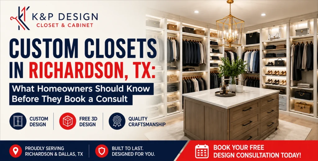 Custom Closets in Richardson, TX by K&P Design featuring a luxury walk-in closet with custom shelving, drawers, center island, and built-in storage solutions.