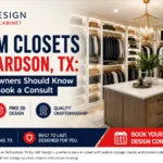 Custom Closets in Richardson, TX by K&P Design featuring a luxury walk-in closet with custom shelving, drawers, center island, and built-in storage solutions.