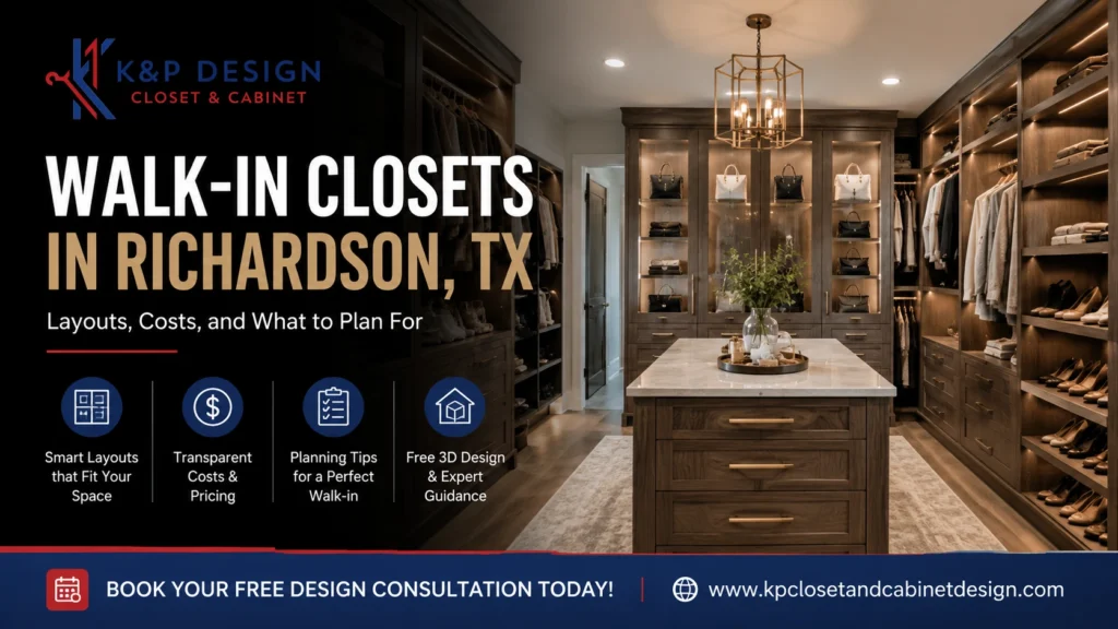 Luxury walk-in closets in Richardson, TX featuring custom shelving, built-in drawers, center island, and premium storage by K&P Closet & Cabinet Design.