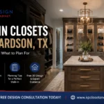 Luxury walk-in closet in Richardson, TX featuring custom shelving, center island, LED lighting, and premium storage solutions by K&P Closet & Cabinet Design.