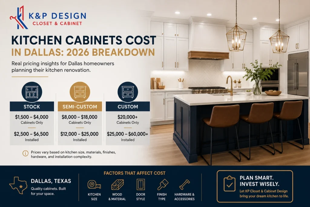 Kitchen cabinet cost comparison in Dallas TX showing stock, semi-custom, and custom cabinet pricing for 2026