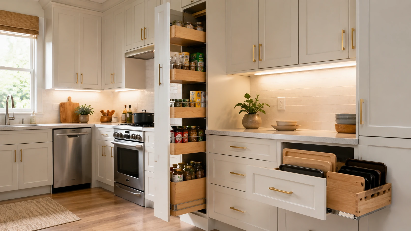 Kitchen cabinets in Dallas featuring pull-out pantry storage, deep drawers, and space-saving cabinet solutions for small kitchens