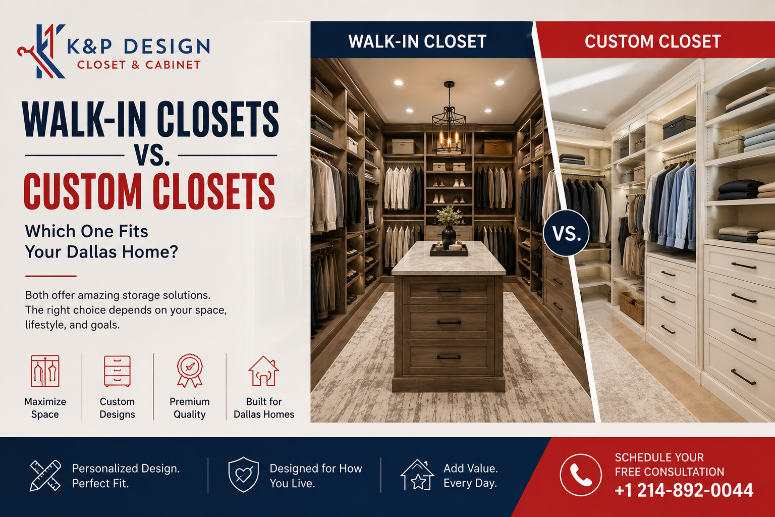 Walk-in Closets vs. Custom Closets comparison for Dallas homes by K&P Closet & Cabinet Design