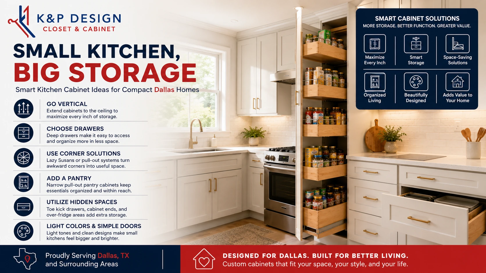 Kitchen cabinets in Dallas infographic showing smart storage ideas for small kitchens by KP Closet and Cabinet Design