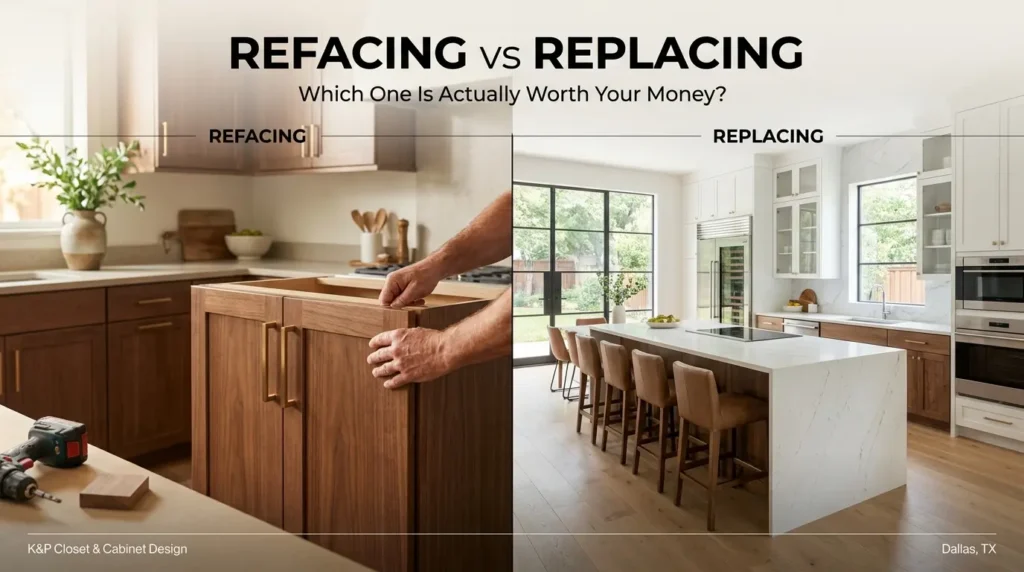 2. Split-screen comparison of cabinet refacing vs replacing kitchen cabinets in Dallas TX by K&P Closet and Cabinet Design.