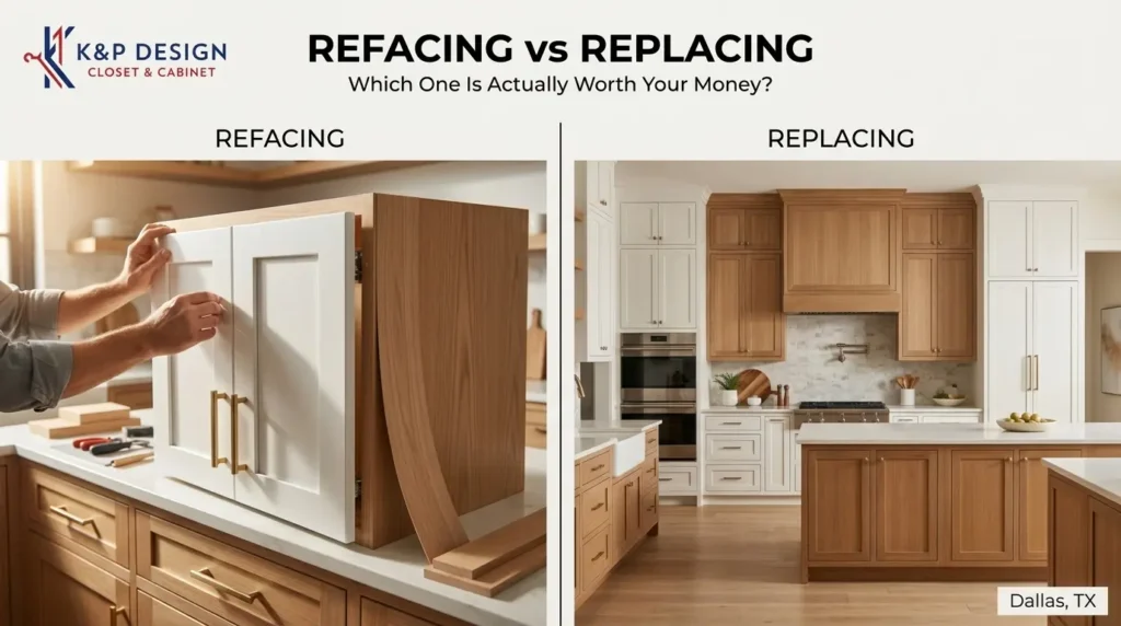 1. Cabinet expert inspecting a solid plywood kitchen cabinet box in Dallas to decide between refacing and replacing