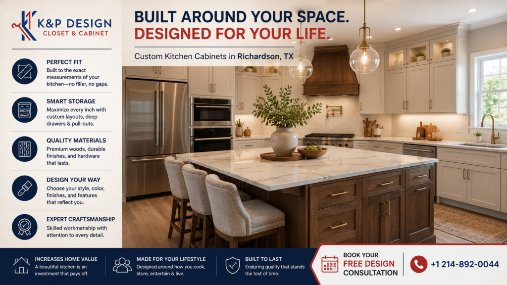Modern custom kitchen cabinets in Richardson TX featuring premium shaker cabinetry, large kitchen island, smart storage solutions, and luxury craftsmanship by K&P Closet & Cabinet Design.