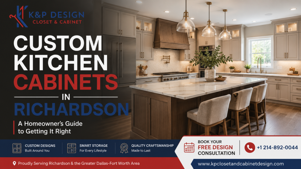 Modern custom kitchen cabinets in Richardson TX featuring premium shaker cabinetry, large kitchen island, smart storage solutions, and luxury craftsmanship by K&P Closet & Cabinet Design.