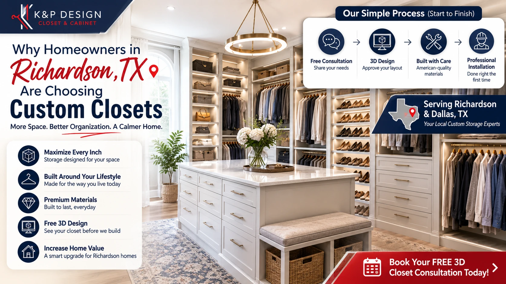 Luxury custom closet in Richardson, TX featuring premium custom closet organizers, built-in drawers, shelving, center island, and 3D closet design by K&P Closet & Cabinet Design.