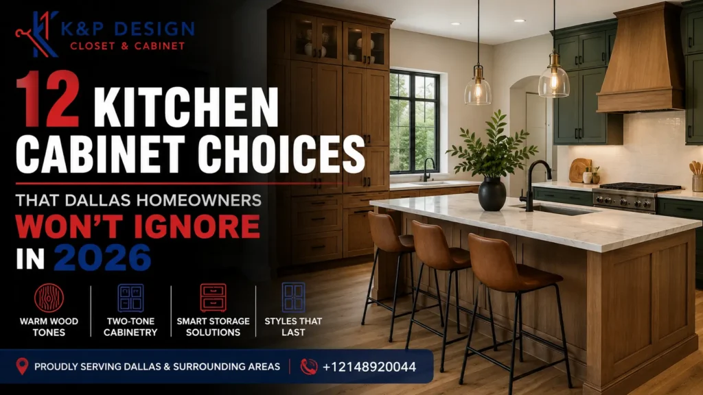 Modern kitchen featuring warm wood cabinets, sage green cabinetry, and custom storage showcasing the top kitchen cabinet trends Dallas homeowners are choosing in 2026 by KP Closet & Cabinet Design.