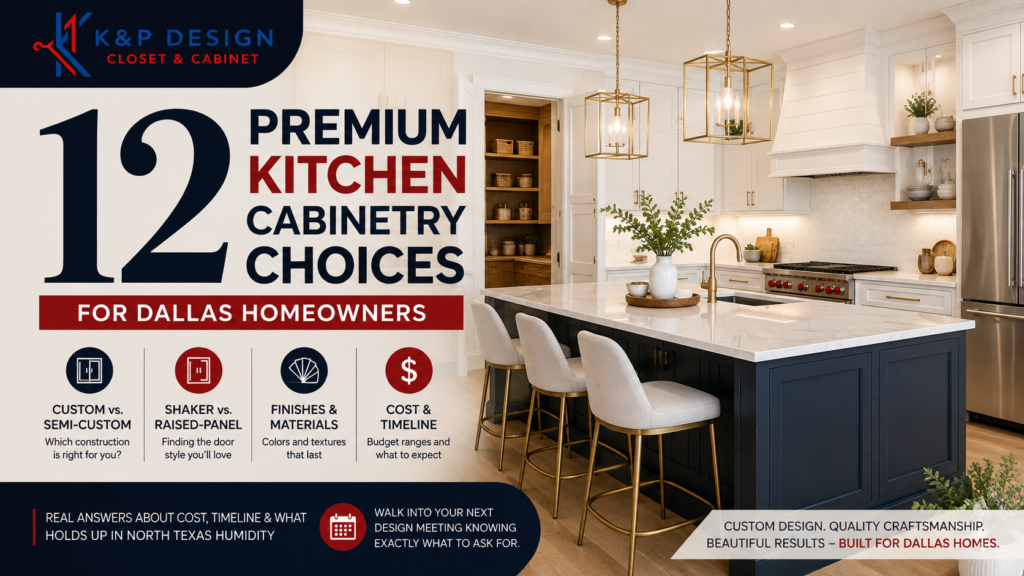 12 premium kitchen cabinetry choices for Dallas homeowners featuring custom, semi-custom, shaker, raised-panel, and modern kitchen cabinet styles.