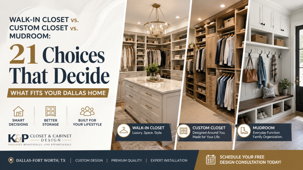 Walk-in closet, custom closet, and mudroom storage options for Dallas homes