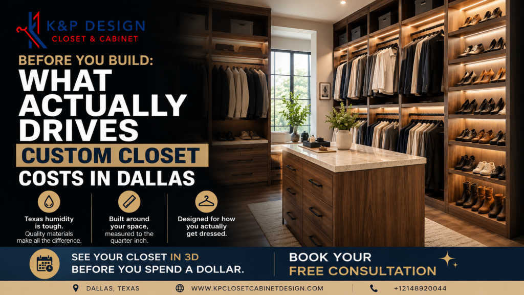 Custom walk-in closet in Dallas with built-in storage and luxury cabinetry