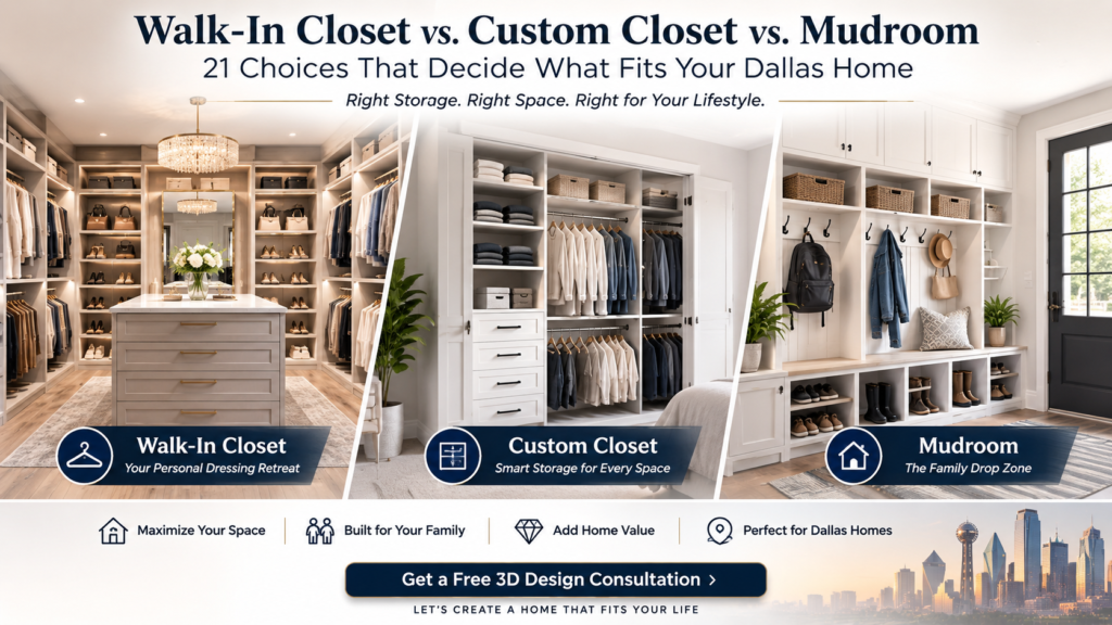 21 decision points comparing walk-in closets, custom closets, and mudrooms for Dallas homeowners