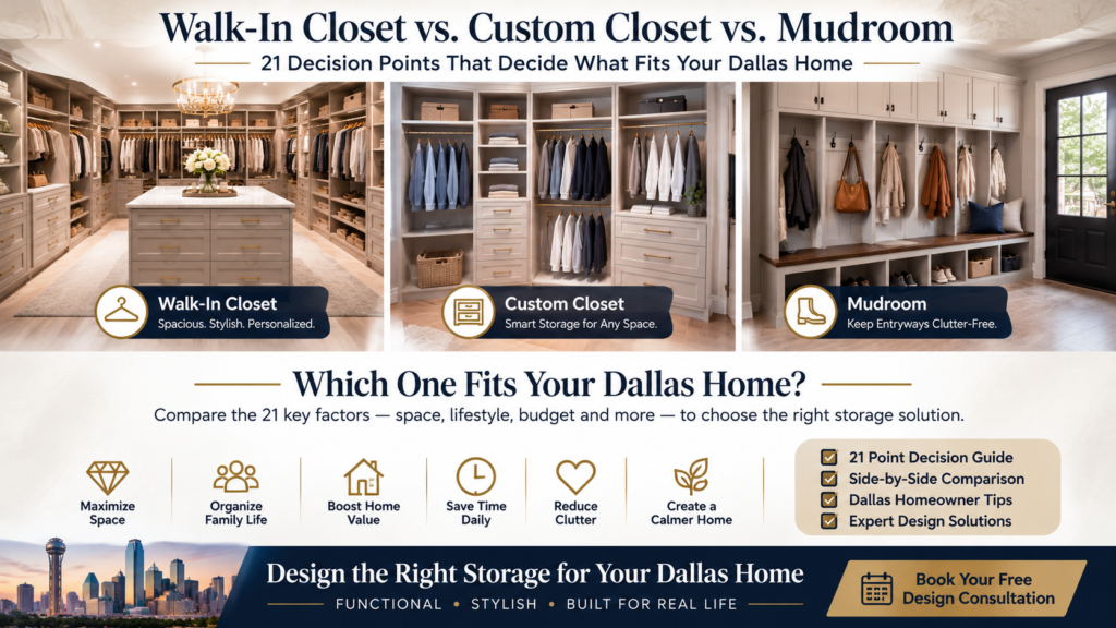 Side-by-side comparison of a luxury walk-in closet, custom closet, and mudroom in a Dallas home