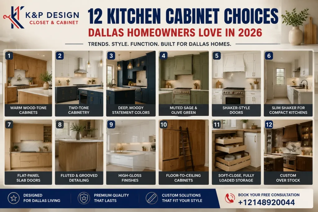 Infographic highlighting 12 popular kitchen cabinet styles including warm wood cabinets, two-tone cabinetry, shaker doors, fluted panels, floor-to-ceiling cabinets, and custom kitchen cabinets for Dallas homeowners.