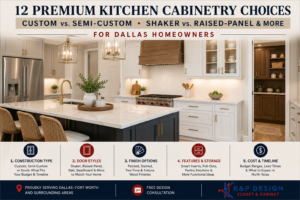 Comparison of custom, semi-custom, shaker, raised-panel, slab, and modern kitchen cabinet styles for Dallas homeowners planning a kitchen remodel..