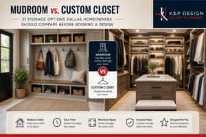 Custom mudroom and closet storage solutions designed for Dallas homes
