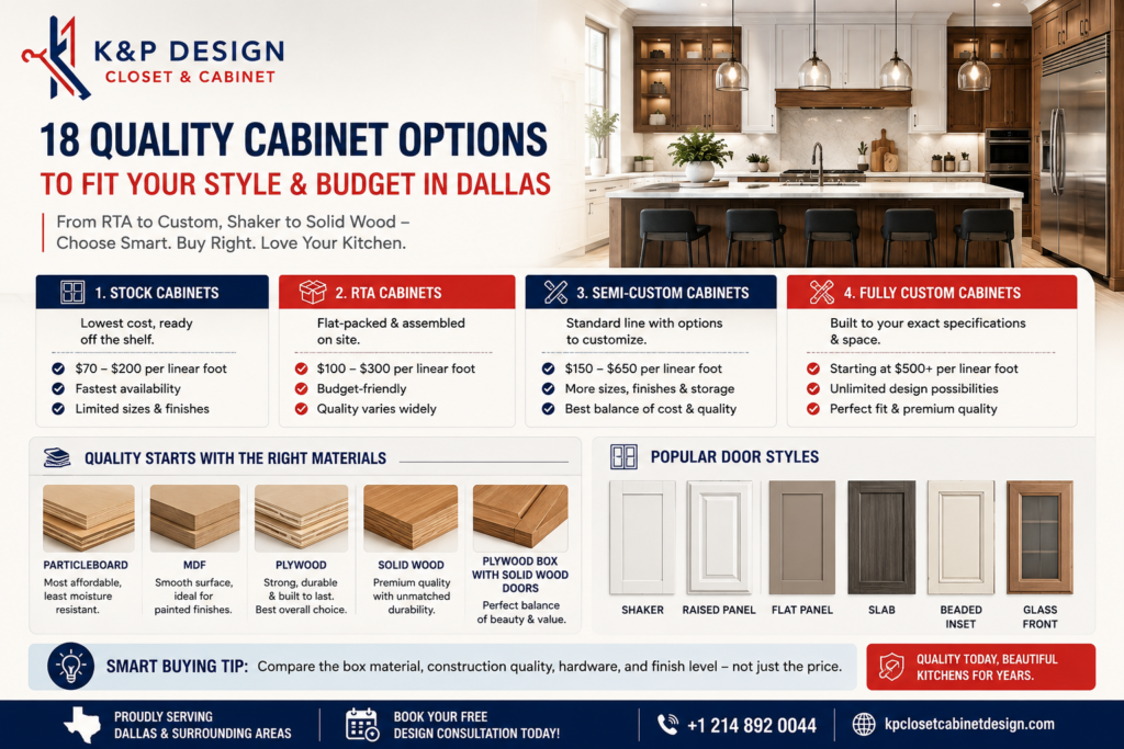 A practical guide to choosing quality kitchen cabinets in Dallas without overpaying, covering 18 cabinet options, materials, styles, pricing, and buying tips
