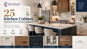 22 kitchen cabinet options for Dallas homeowners featuring shaker, slab, raised panel, glass-front, and distressed cabinet styles