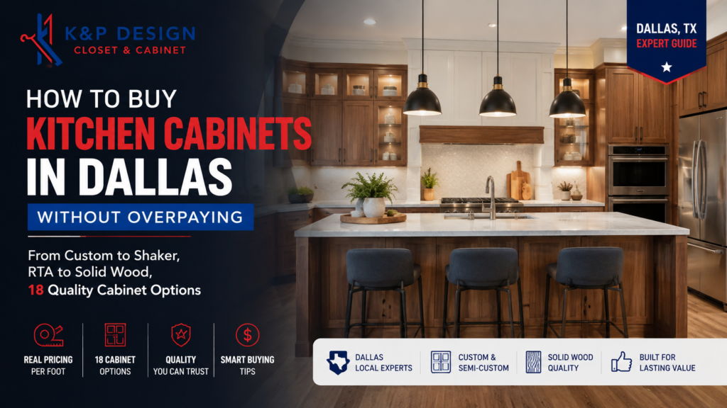 How to buy kitchen cabinets in Dallas without overpaying, featuring custom, semi-custom, Shaker, RTA, and solid wood cabinet options