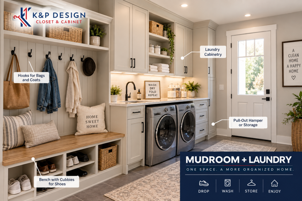 Custom mudroom and laundry room combination with cabinets and built-in storage in Dallas
